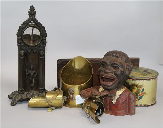 A group of assorted metalware including Trench art, a Victorian bronze watch holder and a money box